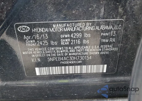 2013 Hyundai Sonata Gls z USA, uszkodzony, nr VIN 5NPEB4AC3DH730154